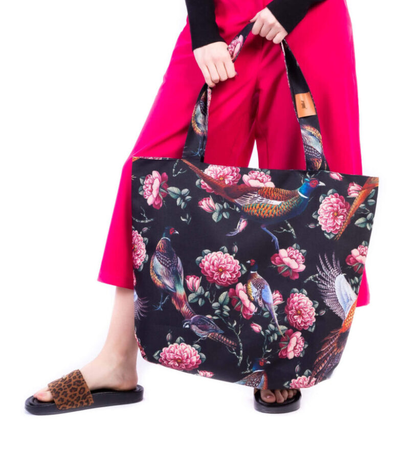 Duża torba damska shopper w kwiaty i bażanty