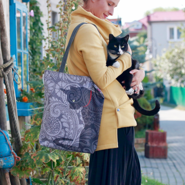nieprzemakalna damska torba płócienna z kotem zapinana na suwak