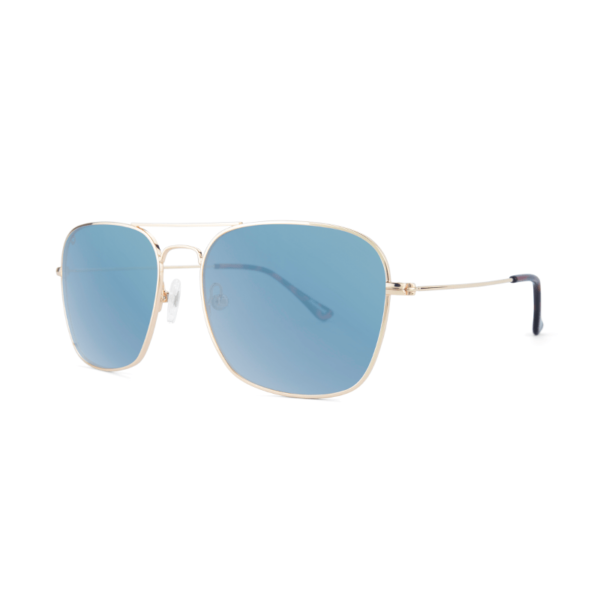 niedrogie okulary przeciwsłoneczne z polaryzacją aviator Mount Evans złote oprawki niebieskie błękitne soczewki lusterka pilotki bok