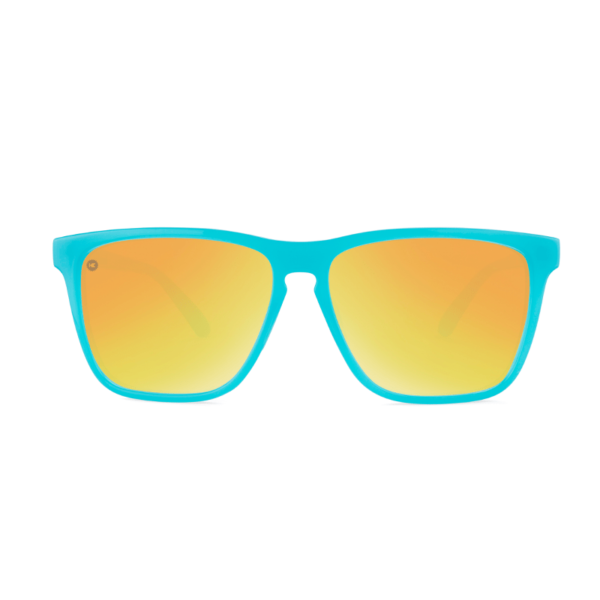 niedrogie okulary przeciwsłoneczne z polaryzacją sportowe do biegania do sportów knockaround Fast Lanes neonowe niebieskie turkusowe oprawki żółte szkiełka lusterka front