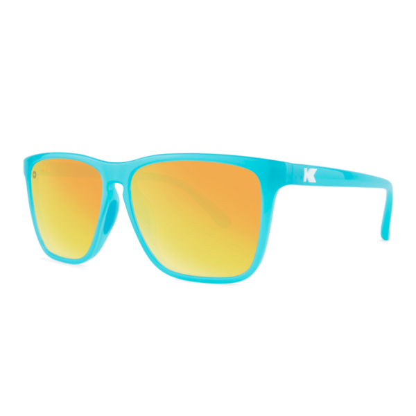 niedrogie okulary przeciwsłoneczne z polaryzacją sportowe do biegania do sportów knockaround Fast Lanes neonowe niebieskie turkusowe oprawki żółte szkiełka lusterka bok